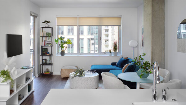 Apartment living room with wood-style flooring.