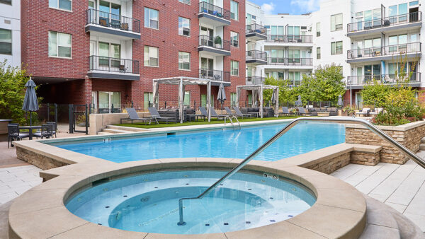 Apartment community all-season spa at Griffis at Fiddler's Green in Centennial, Colorado.