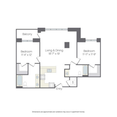 Rendering of the Kenosha Platinum floor plan with 2 bedroom[s] and 2 bathroom[s] at Griffis Platform Union Station