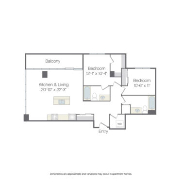Rendering of the Parnassus Platinum floor plan with 2 bedroom[s] and 2 bathroom[s] at Griffis Platform Union Station