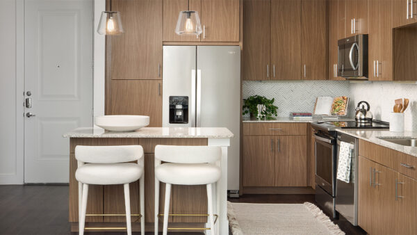 Apartment kitchen with stainless steel appliances, granite countertops, and wood-style flooring.