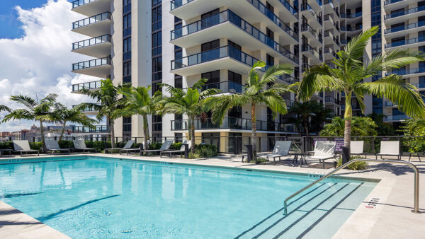 Griffis West Palm apartments rooftop pool area with lounge chairs and palm trees.