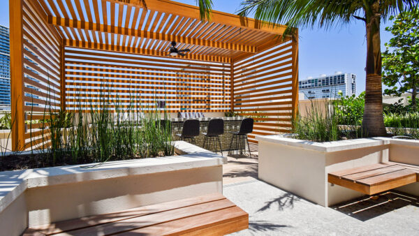 Griffis West Palm apartments rooftop deck with gazebo and built in BBQ grills.