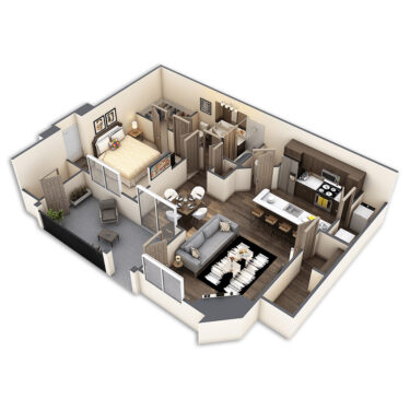 Rendering of the Spruce floor plan with 1 bedroom[s] and 1 bathroom[s] at Griffis Lafayette Station