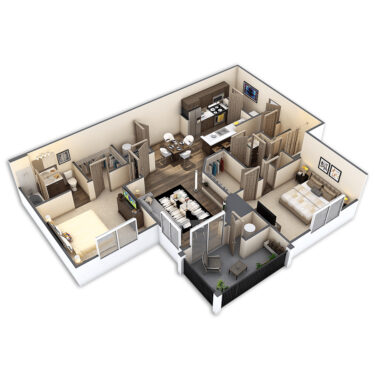 Rendering of the Sycamore floor plan with 2 bedroom[s] and 2 bathroom[s] at Griffis Lafayette Station