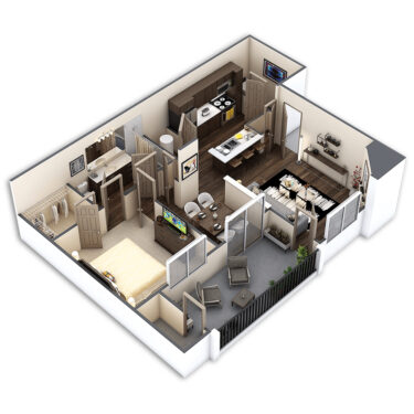 Rendering of the Aspen floor plan with 1 bedroom[s] and 1 bathroom[s] at Griffis Lafayette Station