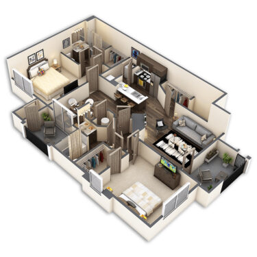 Rendering of the Hemlock floor plan with 2 bedroom[s] and 2 bathroom[s] at Griffis Lafayette Station