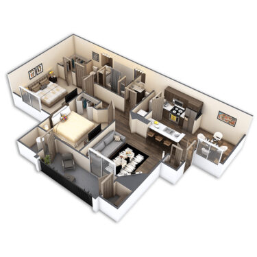 Rendering of the Willow floor plan with 2 bedroom[s] and 1 bathroom[s] at Griffis Lafayette Station