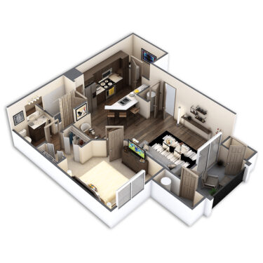 Rendering of the Birch floor plan with 1 bedroom[s] and 1 bathroom[s] at Griffis Lafayette Station