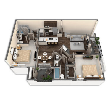 Rendering of the Maple floor plan with 2 bedroom[s] and 2 bathroom[s] at Griffis Lafayette Station