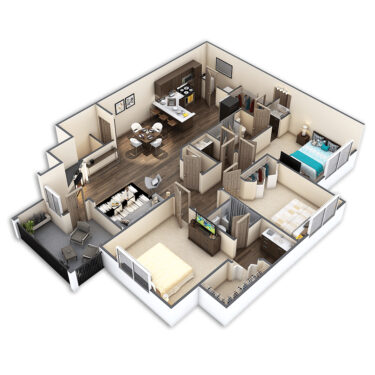 Rendering of the Walnut Platinum floor plan with 3 bedroom[s] and 2 bathroom[s] at Griffis Lafayette Station