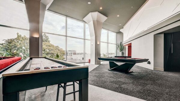 Griffis Platinum Triangle resident lounge with shuffleboard and billiards.