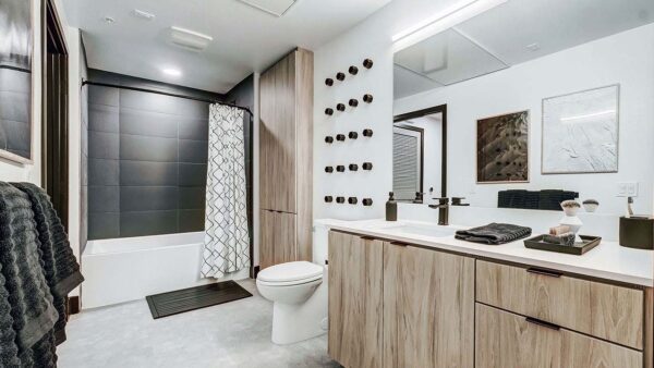 Griffis Platinum Triangle apartment bathroom with tiled shower tub and quartz countertops.