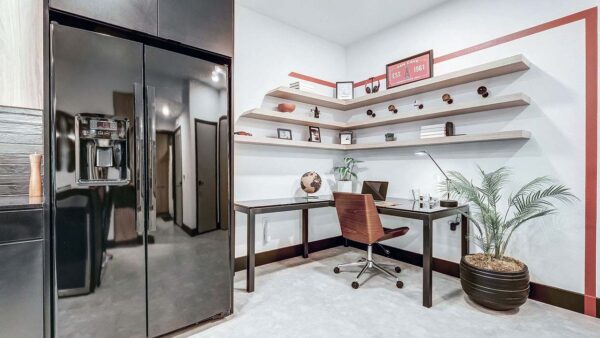 Griffis Platinum Triangle desk area with built in shelves.