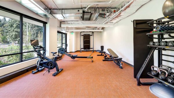 Griffis Shoreline fitness center with cardio machines and weight equipment.