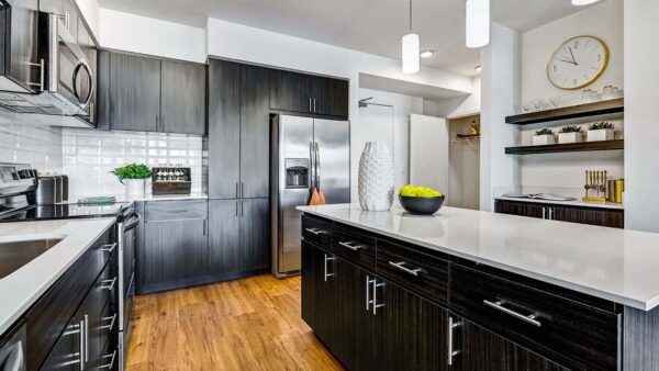 Griffis Shoreline apartment kitchen with quartz countertops.