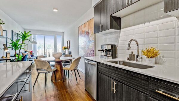 Griffis Shoreline apartment kitchen with quartz countertops.
