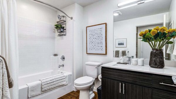 Griffis Shoreline apartment bathroom with quartz countertops.
