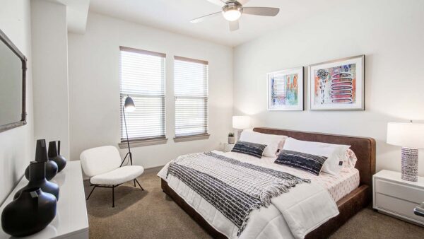 Griffis Uptown apartment bedroom with plush carpet.