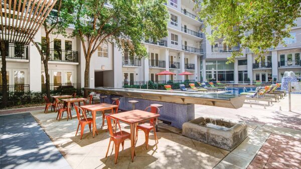 Griffis Uptown outdoor space with water feature.