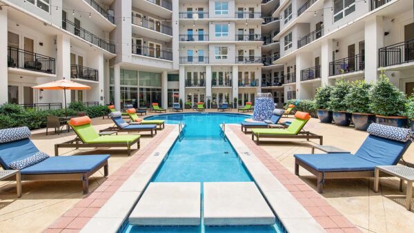 Griffis Uptown pool area with lounge chairs.