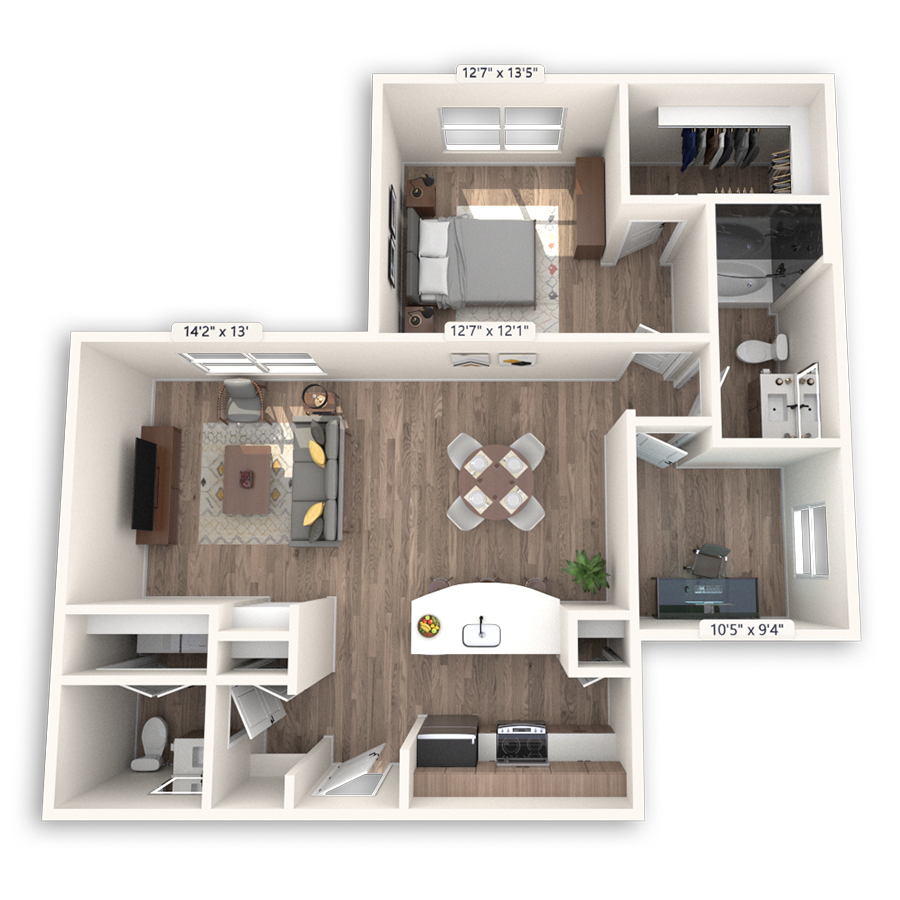 Rendering of the Shanghai Platinum floor plan with 1 bedroom[s] and 1.5 bathroom[s] at Griffis at The Domain