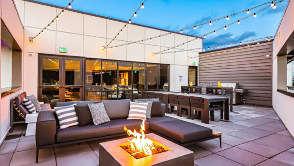 Griffis Shoreline apartment rooftop deck and fire pit.