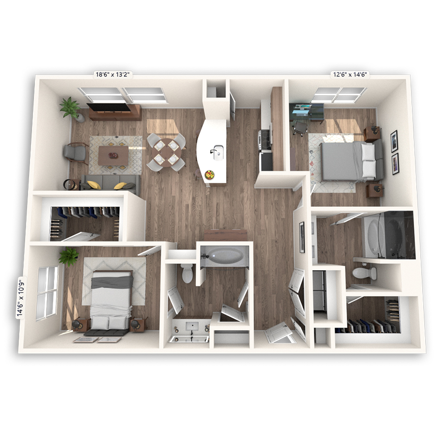 Rendering of the Cordoba floor plan with 2 bedroom[s] and 2 bathroom[s] at Griffis at The Domain