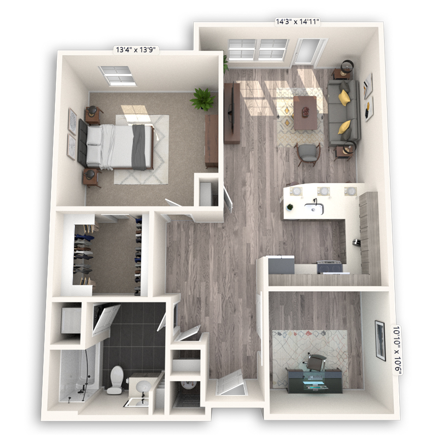 Rendering of the Cranmer floor plan with 1 bedroom[s] and 1 bathroom[s] at Griffis Cheesman Park