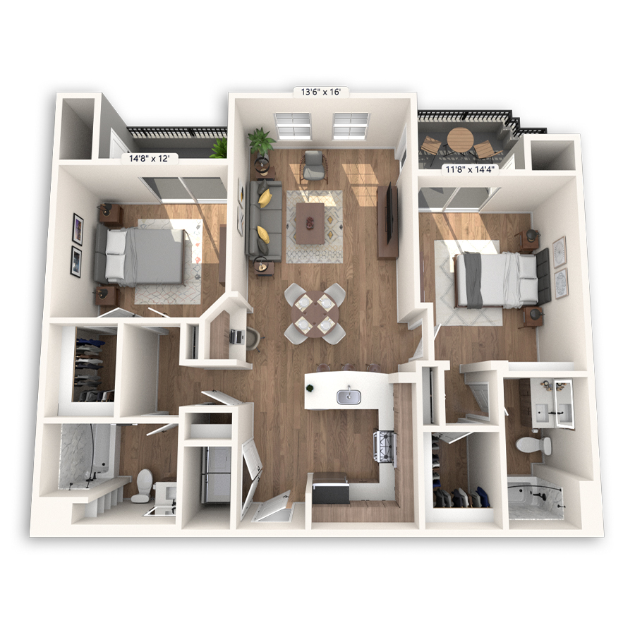 Rendering of the La Jolla floor plan with 2 bedroom[s] and 2 bathroom[s] at Griffis Mission Valley
