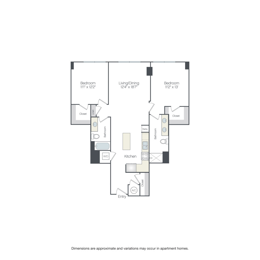 Rendering of the Hillandale floor plan with 2 bedroom[s] and 2 bathroom[s] at Griffis Edgemoor