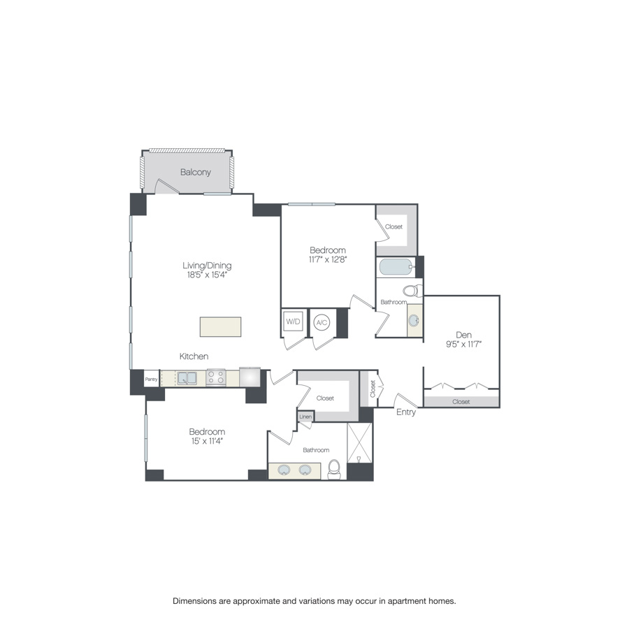 Rendering of the Pearl floor plan with 2 bedroom[s] and 2 bathroom[s] at Griffis Edgemoor