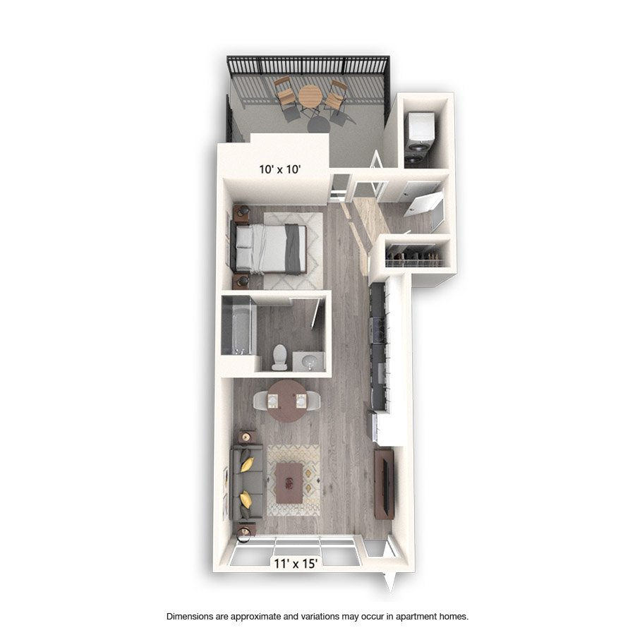 Rendering of the Indianapolis floor plan with 1 bedroom[s] and 1 bathroom[s] at Griffis East Village