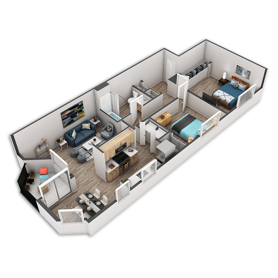Rendering of the Blanchard floor plan with 2 bedroom[s] and 1 bathroom[s] at Griffis Belltown