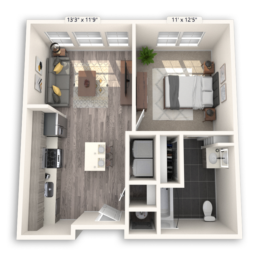 Rendering of the Cheesman floor plan with 1 bedroom[s] and 1 bathroom[s] at Griffis Cheesman Park