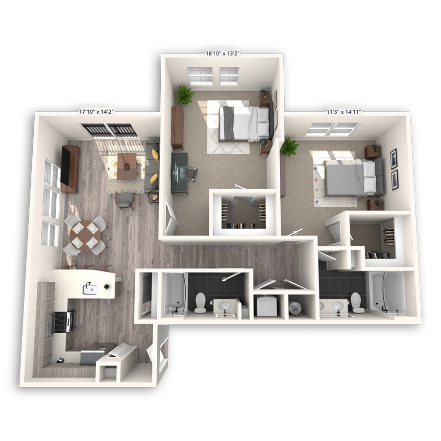 Rendering of the Civic floor plan with 2 bedroom[s] and 2 bathroom[s] at Griffis Cheesman Park