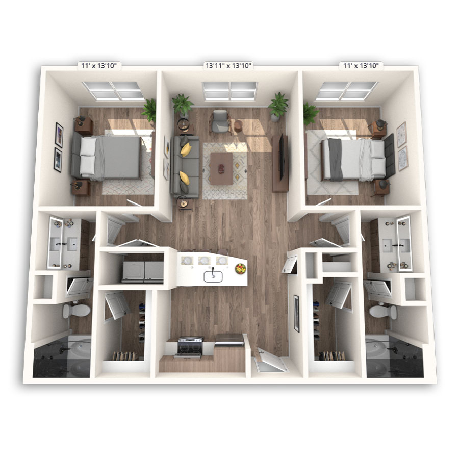 Rendering of the Vienna Platinum floor plan with 2 bedroom[s] and 2 bathroom[s] at Griffis at The Domain