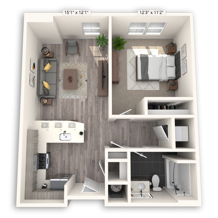 Rendering of the Lakehurst Platinum floor plan with 1 bedroom[s] and 1 bathroom[s] at Griffis Cheesman Park