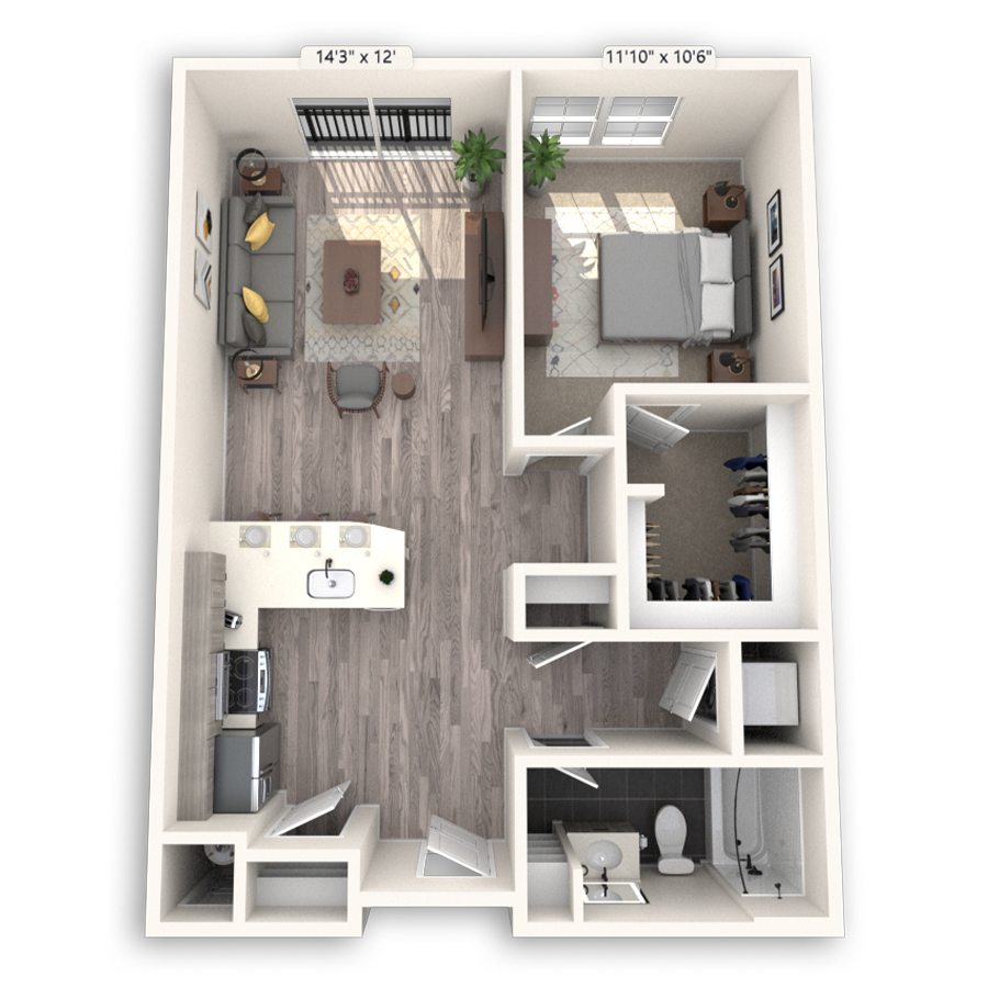 Rendering of the Cherry Creek floor plan with 1 bedroom[s] and 1 bathroom[s] at Griffis Cheesman Park