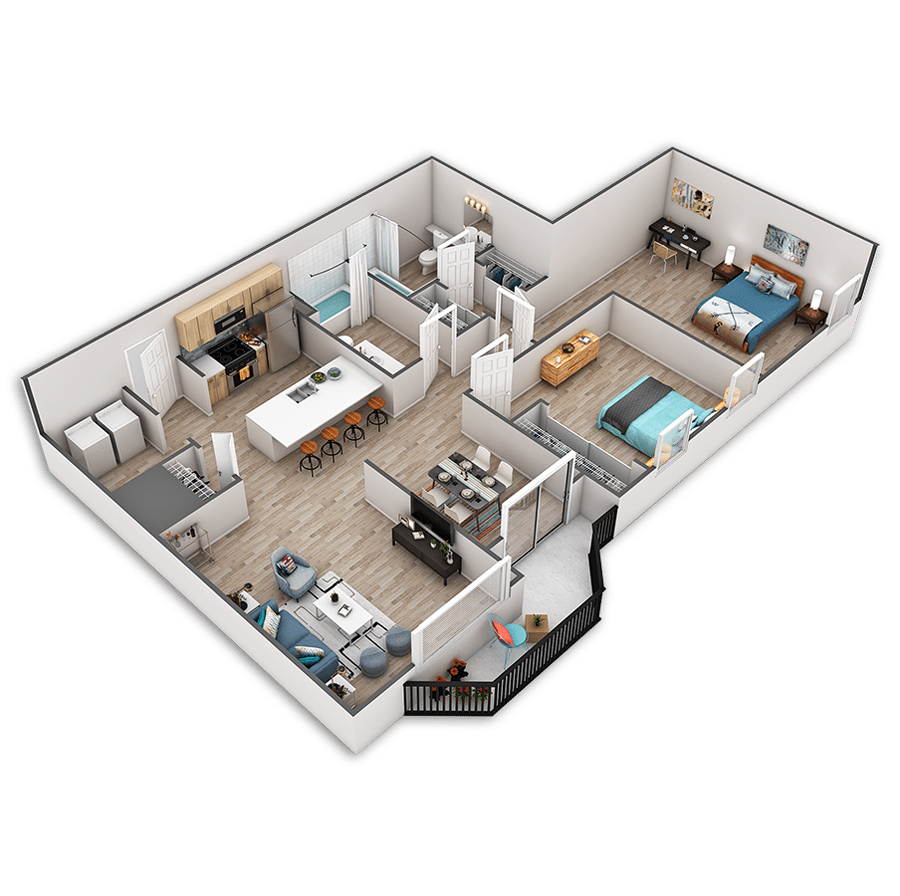 Rendering of the Denny floor plan with 2 bedroom[s] and 2 bathroom[s] at Griffis Belltown