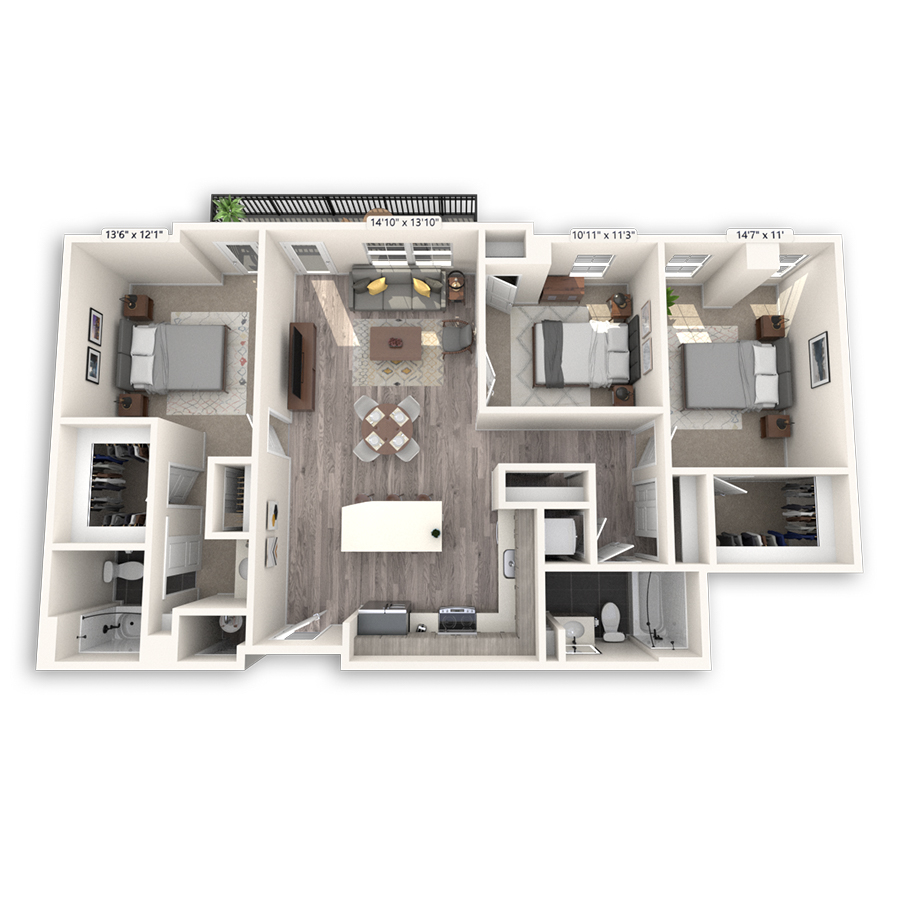 Rendering of the Cuernavaca floor plan with 3 bedroom[s] and 2 bathroom[s] at Griffis Cheesman Park