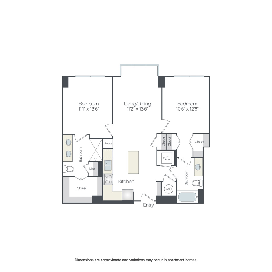 Rendering of the Hampden floor plan with 2 bedroom[s] and 2 bathroom[s] at Griffis Edgemoor