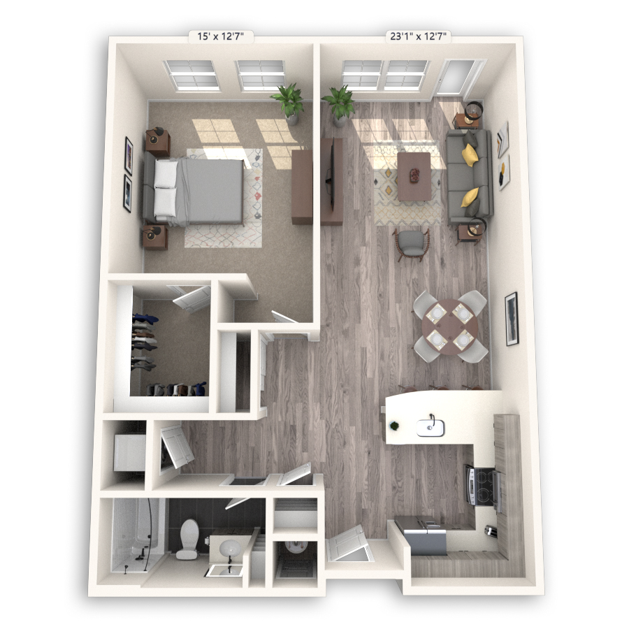 Rendering of the Congress Platinum floor plan with 1 bedroom[s] and 1 bathroom[s] at Griffis Cheesman Park