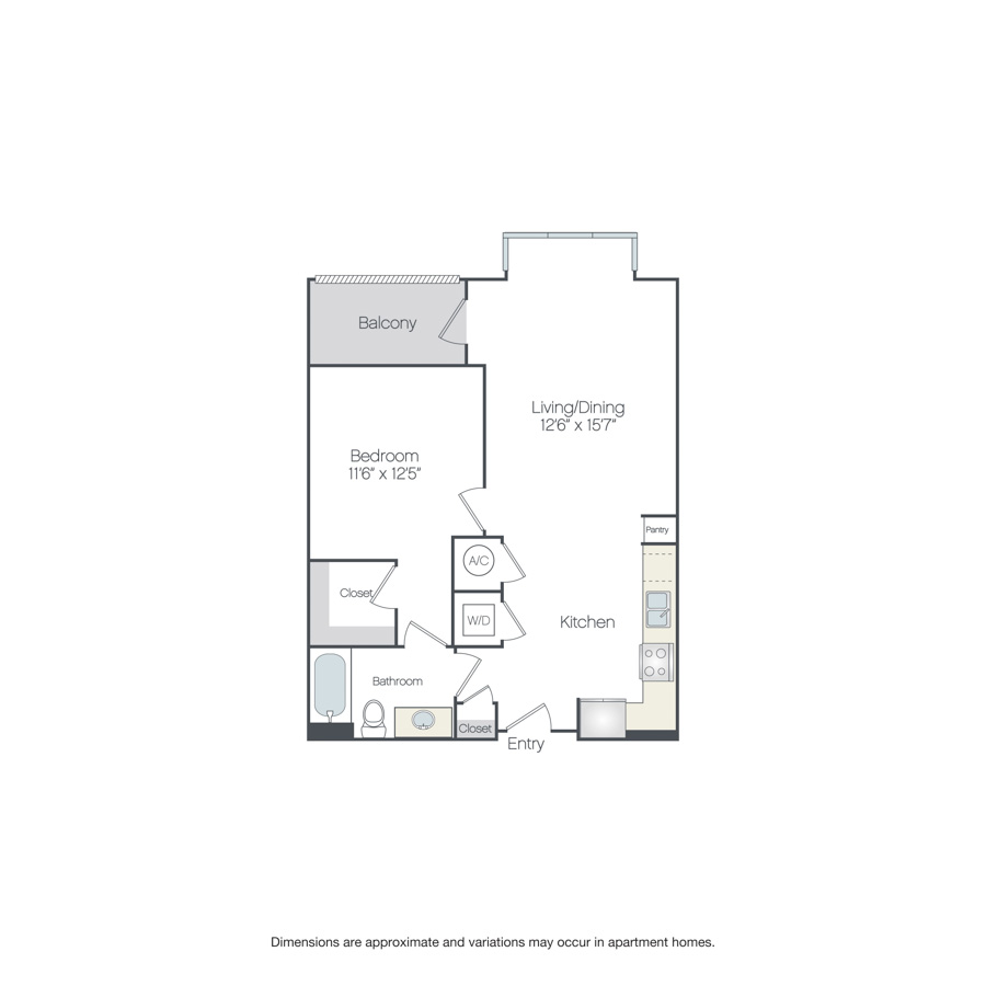 Rendering of the Cornish floor plan with 1 bedroom[s] and 1 bathroom[s] at Griffis Edgemoor