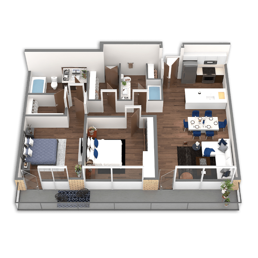 Rendering of the Green Platinum Penthouse floor plan with 2 bedroom[s] and 2 bathroom[s] at Griffis South Waterfront