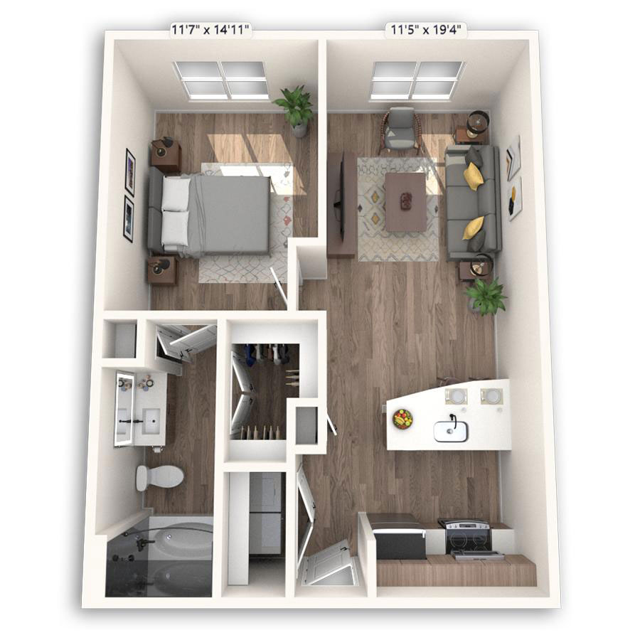 Rendering of the Milan floor plan with 1 bedroom[s] and 1 bathroom[s] at Griffis at The Domain
