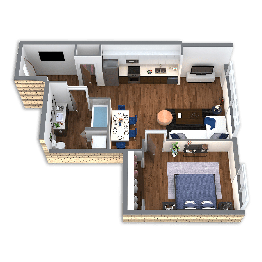 Rendering of the Gilbert floor plan with 1 bedroom[s] and 1 bathroom[s] at Griffis South Waterfront