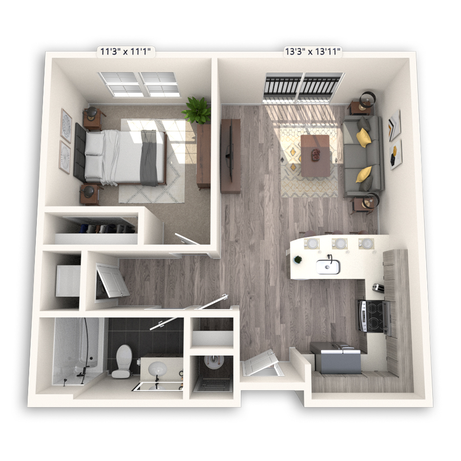 Rendering of the Belmar floor plan with 1 bedroom[s] and 1 bathroom[s] at Griffis Cheesman Park