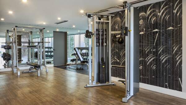 Apartment gym with dumbbells and weight machines.