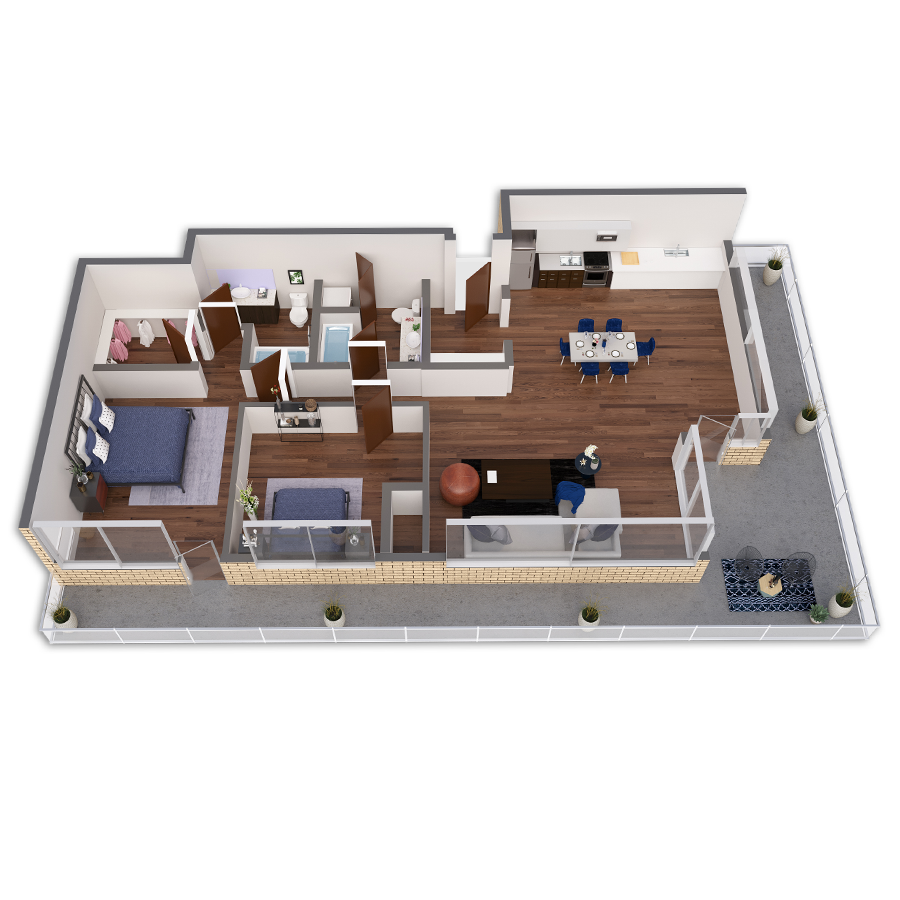 Rendering of the Illinois Platinum Penthouse floor plan with 2 bedroom[s] and 2 bathroom[s] at Griffis South Waterfront